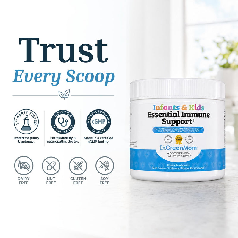 Dr. Green Mom Essential Immune Support for Kids — Powder Multivitamin with Probiotic, Zinc, Vitamin C, D3 & Quercetin — Sugar-Free, Mixes into Drinks — Kids, Toddlers & Infants — 90 servings — Non-GMO