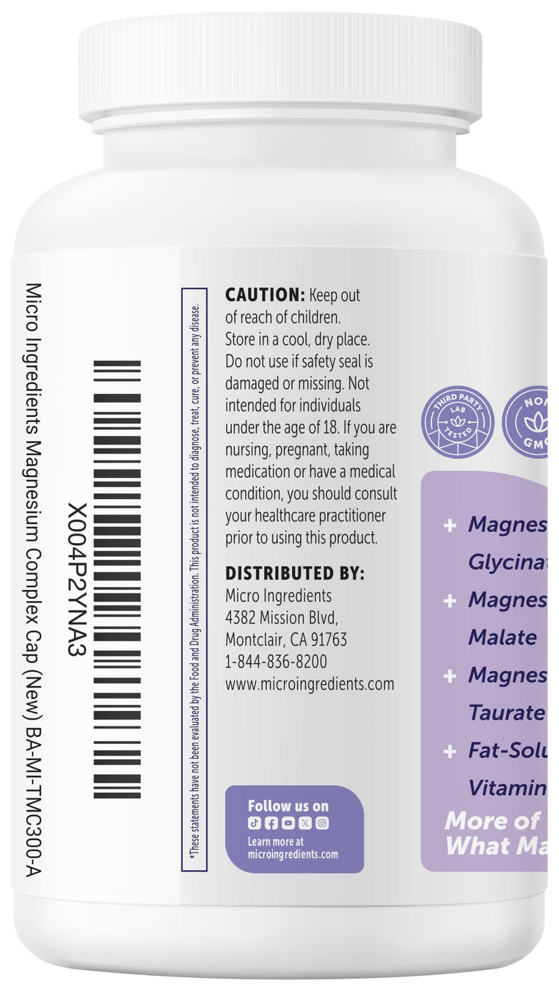 Micro Ingredients Pure Triple Magnesium Complex | 300 Capsules | 400mg Elemental Magnesium Per Serving | Chelated Glycinate, Taurate, Magnesium Malate, Vitamin C | Filler Free