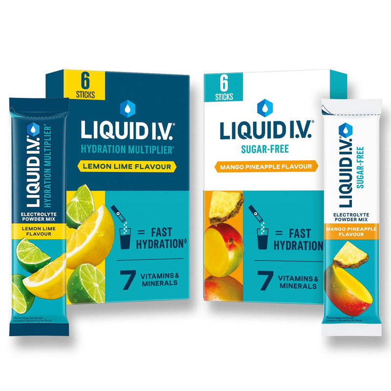 Liquid I.V. Electrolyte Powder Pack, Lemon Lime Hydration Multiplier & Sugar Free Mango Pineapple, Electrolytes with 7 Vitamins & Minerals for Fast Hydration & Energy, Vegan & Gluten Free, 12 Sachets