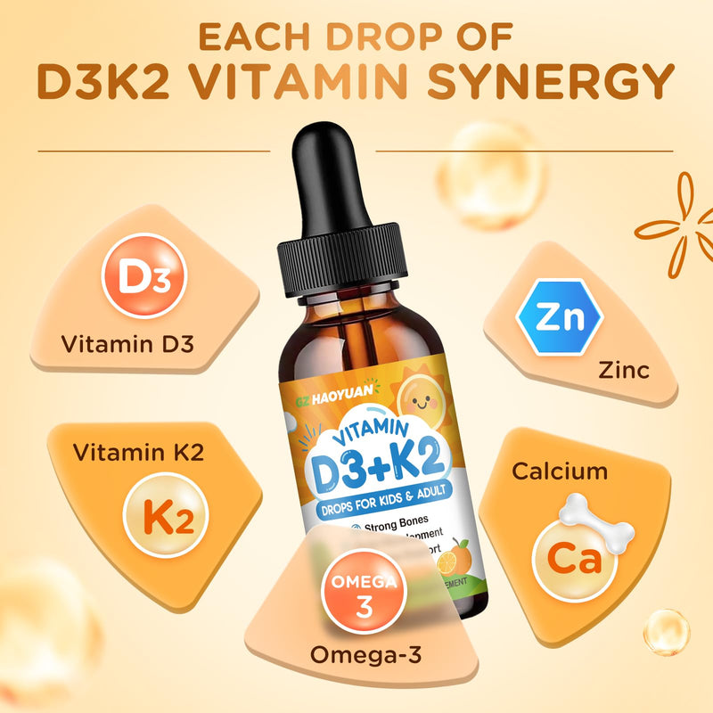 Vitamin D3 K2 Drops for Kids Liquid Supplement with Calcium, Omega 3, Zinc, Vitamin D3 K2 for Calcium Absorption Healthy Bones, Brain Development & Immune System, Non-GMO, Vegan, Orange Flavor 2 Fl Oz 2 Fl Oz (Pack of 1)