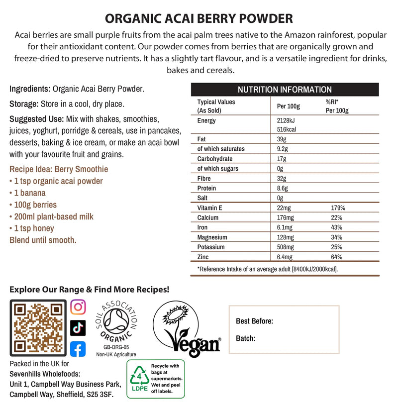 Sevenhills Wholefoods Organic Raw Acai Berry Powder 200g, Freeze-Dried 200 g (Pack of 1)