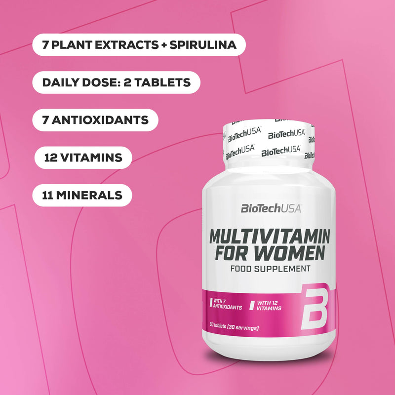 BioTechUSA Multivitamin for Women | 12 Vitamins + 11 Minerals | Energy, Bones, & Immune Support | Antioxidant Boost, 60 Tablets