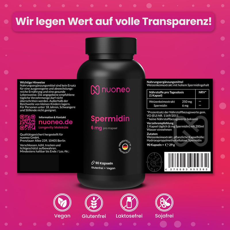 [Australia] - Spermidine capsules high dosage 6 mg per capsule - made in Germany (2 x 90 pieces) supply for 6 months - wheat germ powder gluten-free 6 mg Spermidine 90 pieces (pack of 2) 