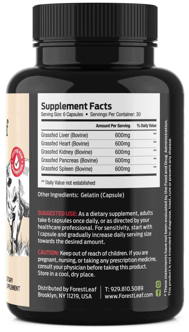 [Australia] - ForestLeaf Beef Organ Supplement - Grass Fed & Pasture Raised - Total Body Wellness & Performance, Organ Complex with 3000mg of Desiccated Beef Liver, Heart, Kidney, Pancreas, Spleen (180 Capsules) Unflavor Beef Organ 