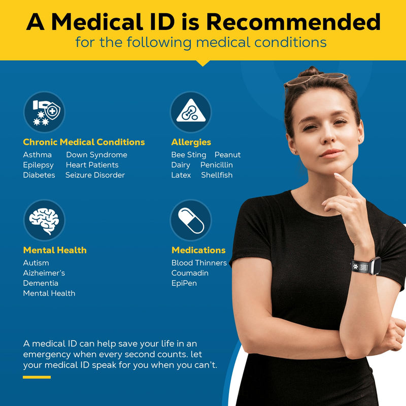 [Australia] - Upgraded Medical Bracelets Men Women with QR Code Medical Alert ID Bracelets - Titanium Steel Wristband Fits Wrists Up 8''-10'' - More Space Custom Emergency Med ID Info Smart watch - Medical Alert Tag Without Band - Black 
