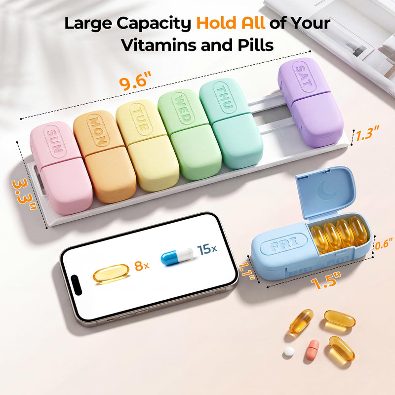 Magnetic Weekly Pill Organizer 2 Times a Day, Large AM PM Pill Box 7 Day | Travel Pill Case, Magnets and Stand, Removable Daily Medicine Container for Medication, Vitamin and Supplement, Macaron