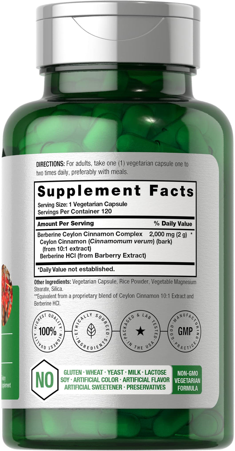 Horbaach Berberine Plus Ceylon Cinnamon | 2000mg | 120 Veggie Capsules | Vegetarian, Non-GMO & Gluten Free Supplement | Berberine Complex