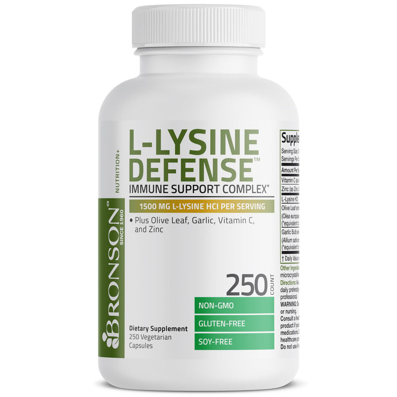 Bronson L-Lysine Defense Immune Support Complex, 1500 mg, 250 Capsules | Essential Amino Acid with Olive Leaf, Garlic, Vitamin C & Zinc, Vegetarian, Non-GMO, Gluten-Free & Soy-Free 250 Count (Pack of 1)