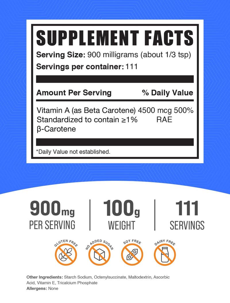 BulkSupplements.com Beta Carotene Powder - Vitamin A Supplements, Beta Carotene Supplements - for Immune & Eye Support, Gluten Free, 900mg per Serving, 100g (3.5 oz) (Pack of 1) 111 Servings (Pack of 1)