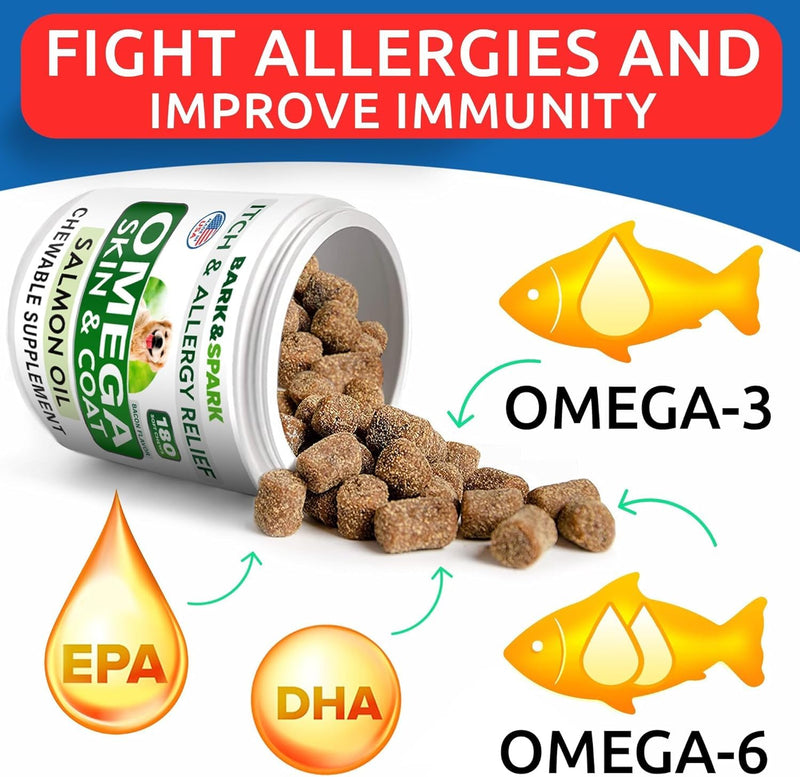 Omega 3 for Dogs - Fish Oil for Skin & Coat Health, Itch & Allergy Support | Vet-Approved - Salmon Oil Treats for Dog Shedding, Hot Spots Treatment - EPA&DHA Fatty Acids Supplement - Made in USA, 180Ct Chicken 180Ct (Skin&Coat Health)