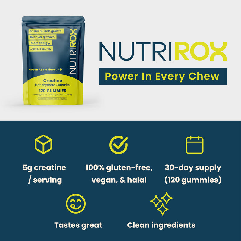 Creatine Gummies - 5000mg Creatine Monohydrate - Green Apple Flavour - 120 Gummies - Halal, Vegan, Gluten-Free - Pre/Post Workout Muscle Growth