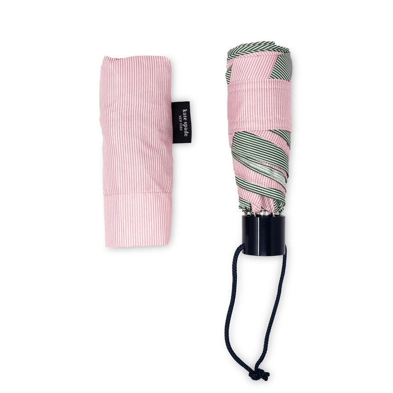 kate spade new york Mini Travel Umbrella with Storage Sleeve, Compact for Backpack or Car Petite Stripe