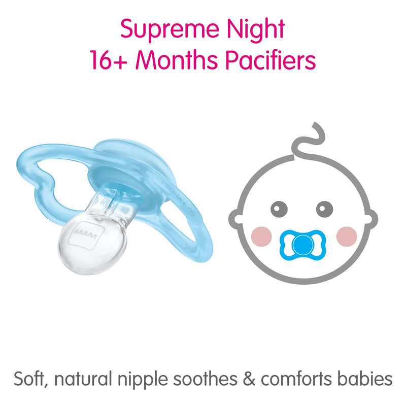 MAM Supreme Night Baby Pacifier, for Sensitive Skin, Patented Nipple, 16+ Months, Girl, 2 Count (Pack of 1) 2 Count (Pack of 1)