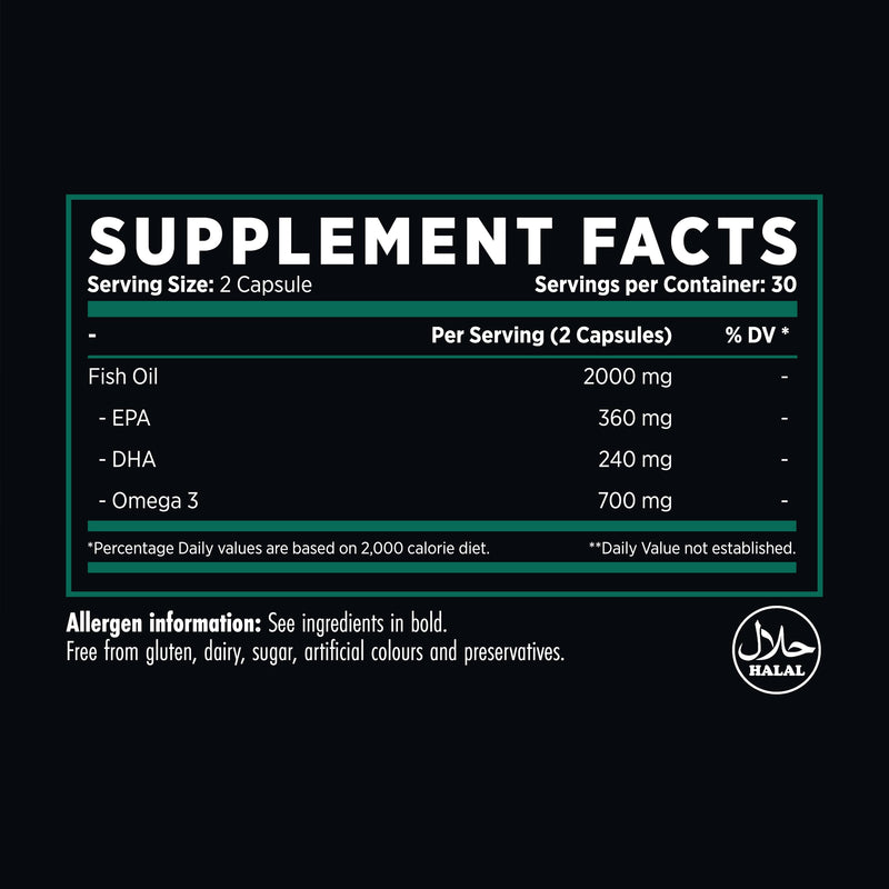 Refined Nutrition Ultra Omega 3 Fish Oil 2000mg | Halal Certified Bovine Gelatine Softgels | 700mg Active EPA & DHA | Supports Heart, Brain & Joints | 60 Easy Swallow Capsules (30 Day Supply) UK Made