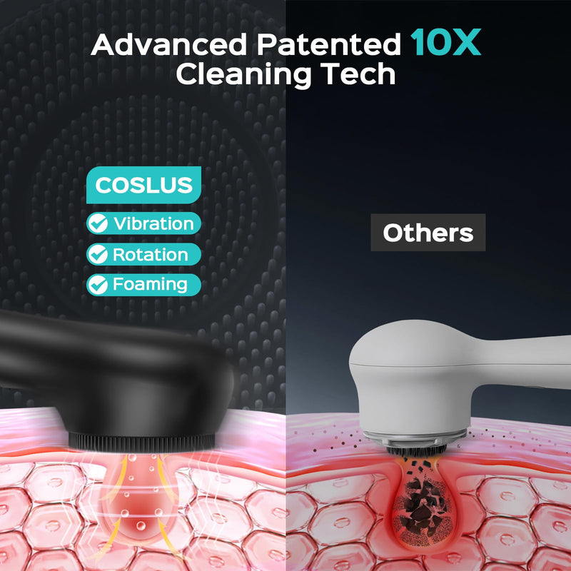 COSLUS Face Scrubber Facial Cleansing Brush: 2 in 1 Spin and Vibration Patented Tech, Silicone Electric Exfoliator Scrubber with Automatic Foaming, Waterproof Face Cleanser Brush for Men and Women Black