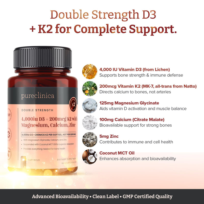 Double Strength D3 + K2 Complex x 90 Vegan Softgels – 4000 IU D3 + 200mcg K2 with Magnesium, Calcium & Zinc – 3 Months Supply 90 count (Pack of 1)