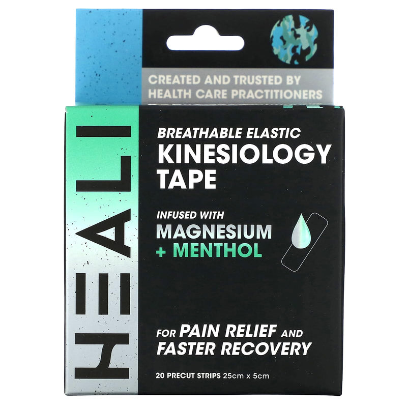 Heali Kinesiology Tape with Magnesium and Menthol, 20 Pcs Precut Strips, K Tape Roll, Knees, for Physical Therapy, Sports, Muscles and Joints, Water Resistant, White with Blue Camo 1-Pack