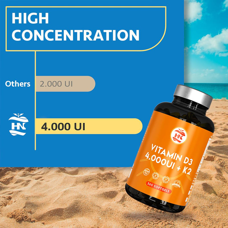 Vitamin D 365 Capsules - Vitamin D3 K2 Capsules – High-Strength Vitamin D3 4000 IU – Supports Immune System and Bone Health