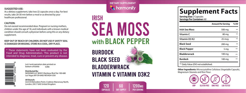 Premium Sea Moss & Black Seed Complex Capsules – Advanced Botanical & Multimineral Blend with Bladderwrack, Burdock Root, Ashwagandha, Turmeric, Vitamin D3 & K2 – 120 Vegan Capsules