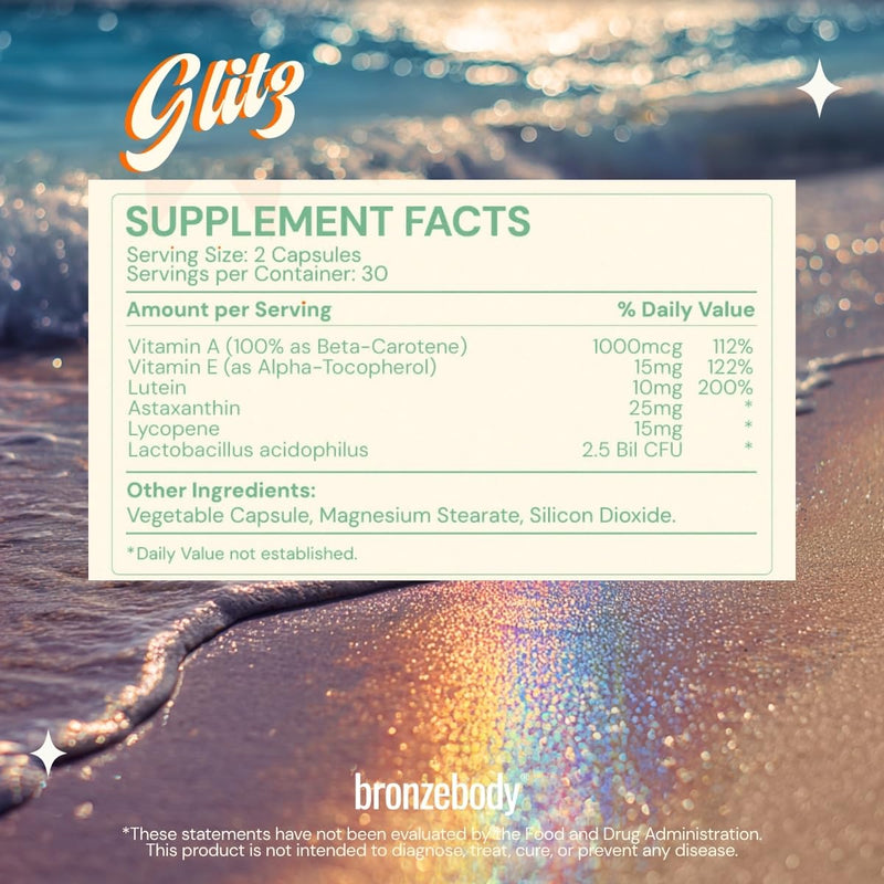 [Australia] - Glitz Capsules Enhanced with Tomato Lycopene, Lutein, Vitamin A+E for Accelerated Tanning Vegan Powerful Antioxidant Tocotrienol Melanin Collagen Urucum Annatto Herbal Supplement Detox Sun Prep 