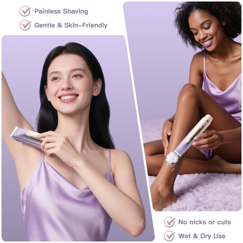 Bikini Trimmer for Women, 2 in 1 Dual Head Rechargeable Electric Shaver, Painless Pubic Hair Trimmer for Underarm Leg Arm Body Face– IPX7 Waterproof & Travel-Friendly, GoldPurple