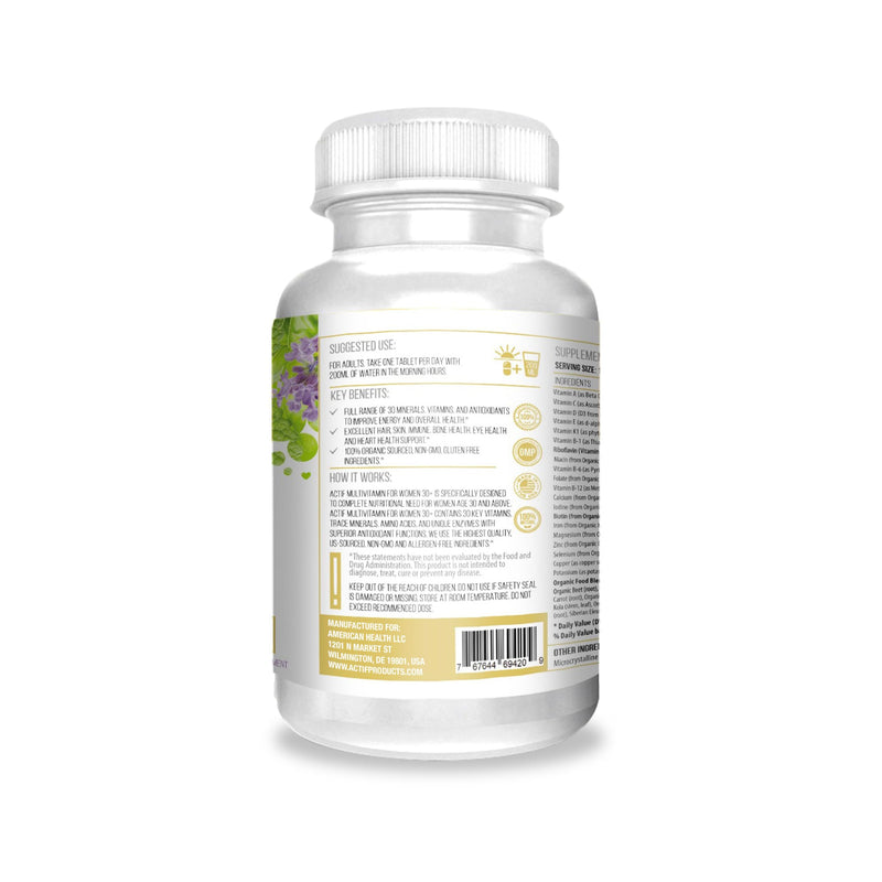 Actif Organic Multivitamin for Women Age 30+ with 30 Organic Vitamins and Organic Herbs, Non-GMO, Made in USA, 2-Month Supply