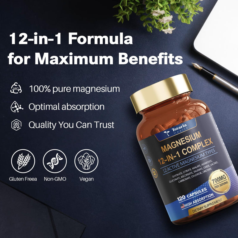 [Australia] - Magnesium Complex 700mg 12 in 1 Magnesium Supplement with Glycinate Citrate Malate Oxide Taurate Aspartate Orotate Magnesium Relaxation,Muscle,Heart Support, Vegan 120 Capsules 120 Count (Pack of 1) 