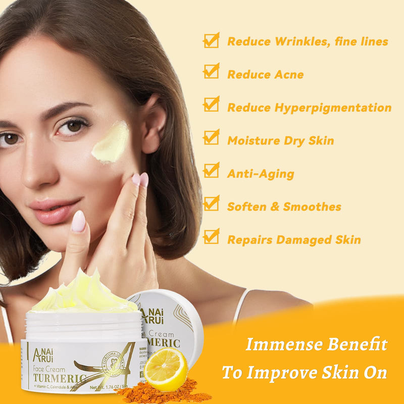 ANAI RUI Turmeric Face Cream with Vitamin C, 1.76 OZ | Facial Moisturizer for Hydrating, Firming, Tightening Skin, Turmeric Vitamin C Cream for Dark Spots, Dry Skin