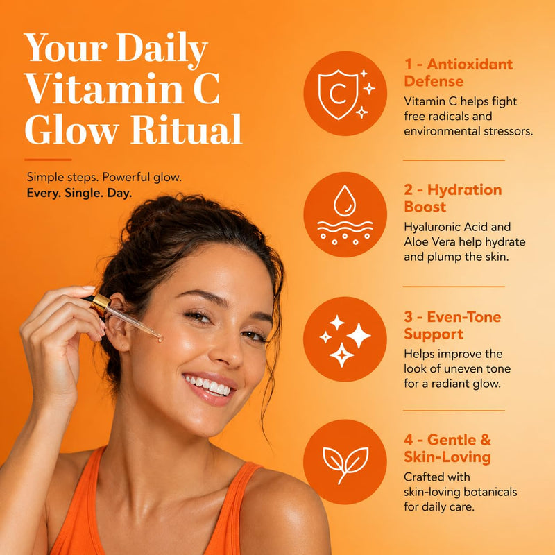 AuraLife Vitamin C Face Serum with Hyaluronic Acid, Vitamin E & Aloe Vera – Brightening & Hydrating Facial Serum for Dark Spots, Fine Lines, Wrinkles & Uneven Skin Tone – 1 Fl Oz (Facial Serum)