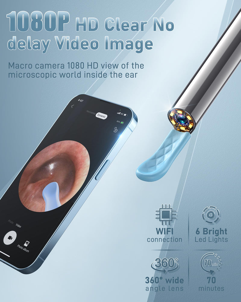[Australia] - Ear Wax Removal Tool Camera - Ear Wax Removal Kit - Ear Cleaner with Camera - 1080P HD Ear Camera with 6 Ear Spoon - Ear Cleaner for iOS & Android Deepblue 