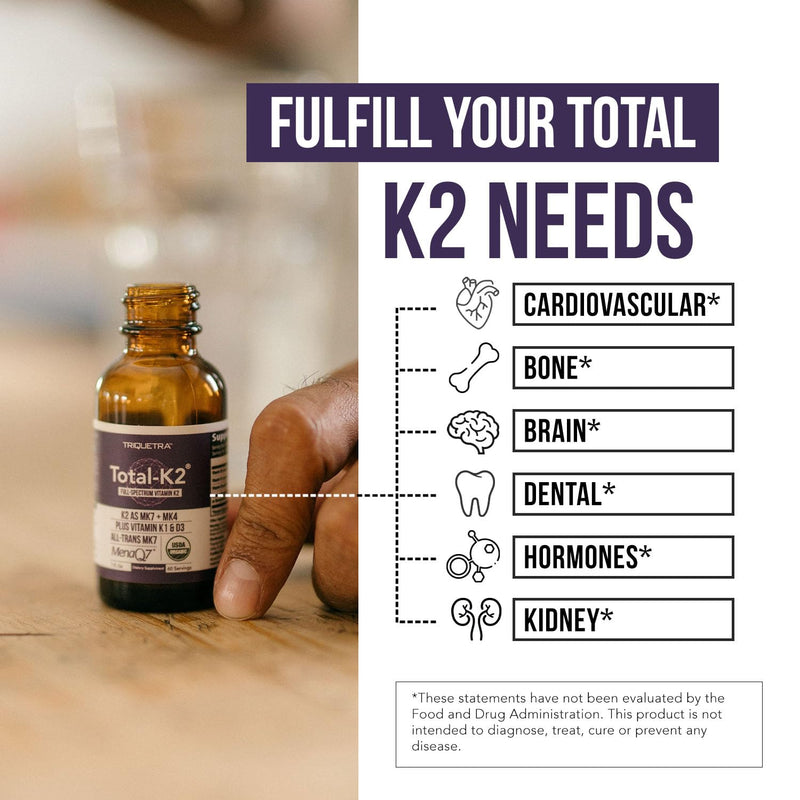 Total K2® | Vitamin K2 as MK7 & MK4 | Plus K1 & Vitamin D3 Cofactor - 620 mcg K2 per Serving - All-Trans MK7 from MenaQ7® - Full-Spectrum Vitamin K - Vegan, Organic Certified (Liquid 1 oz) 1 Ounce (Pack of 1)