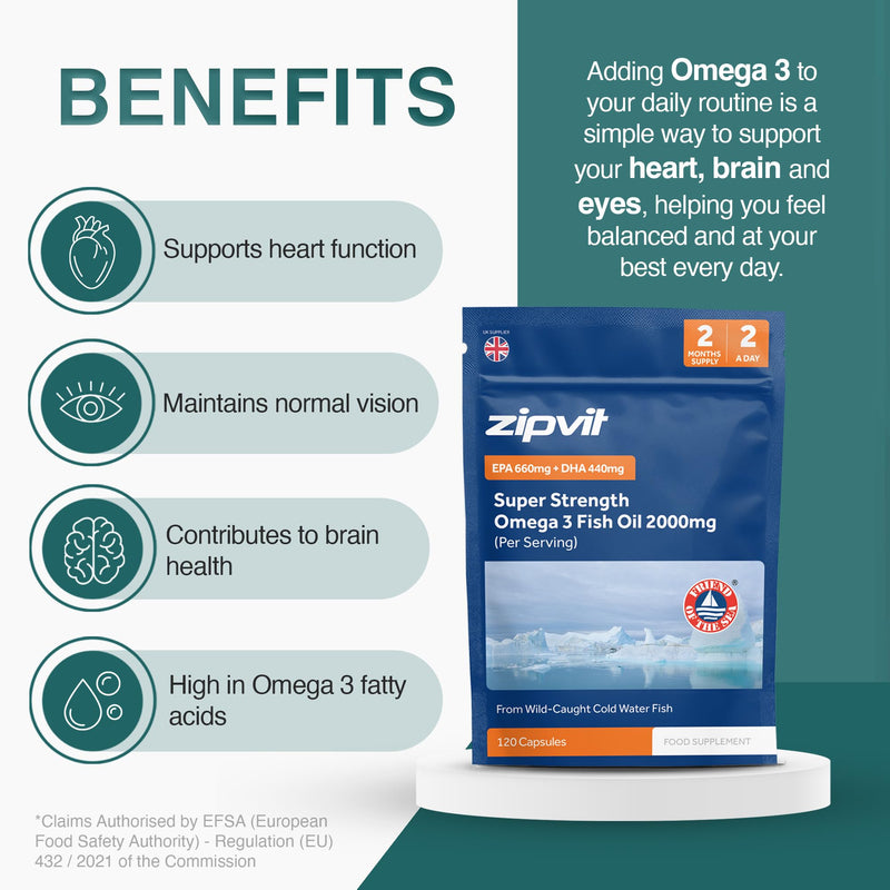 Zipvit Omega 3 Fish Oil 2000mg, EPA 660mg DHA 440mg, Wild-Caught, Cold Water Fish, Supports Heart, Brain & Vision, 120 Softgels, 2 Months Supply, Eco-Friendly Pouch Eco-Friendly Pouch 120 Softgel Capsules