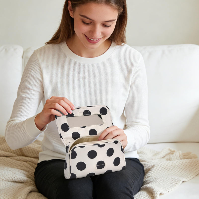 Small Mirror Cosmetic Pouch + Medium Handheld Travel Makeup Bag (Polka Dot)