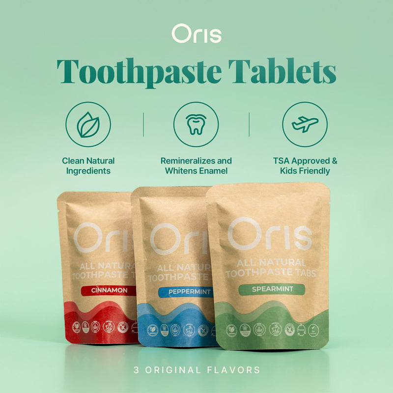 Oris Natural Toothpaste Tabs - Bite Toothpaste Tablets for Sensitive Teeth, TSA-Approved Plastic-Free & Kid-Friendly Zero Waste Travel Tabs - 62ct (Peppermint) Peppermint 62 Count (Pack of 1)