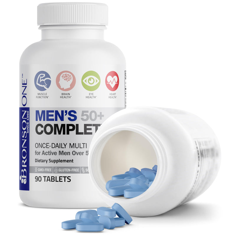 Bronson ONE Daily Mens 50+ Complete Multivitamin Multimineral, 90 Tablets | Once-Daily, Targeted Nutrition For Active Men Over 50, Non-GMO, Gluten-Free, Soy-Free 90 Count (Pack of 1)