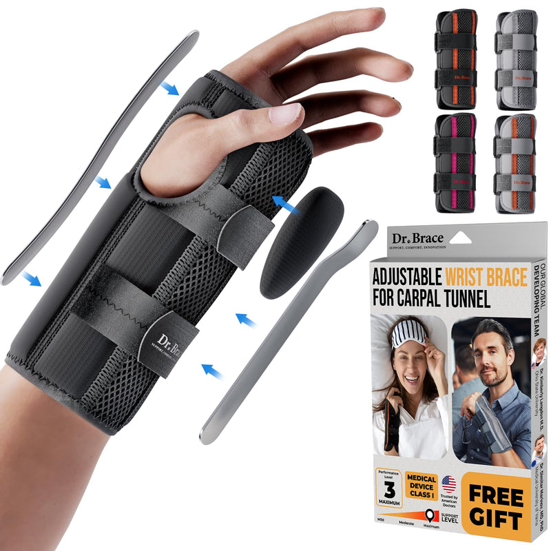 DR. BRACE Adjustable Wrist Brace Night Support for Carpal Tunnel, Doctor Developed, Upgraded with Double Splint & Therapeutic Cushion,Hand Brace for Pain Relief,Injuries,Sprains (S/M Right Hand, Black) Small/Medium (Right Hand)