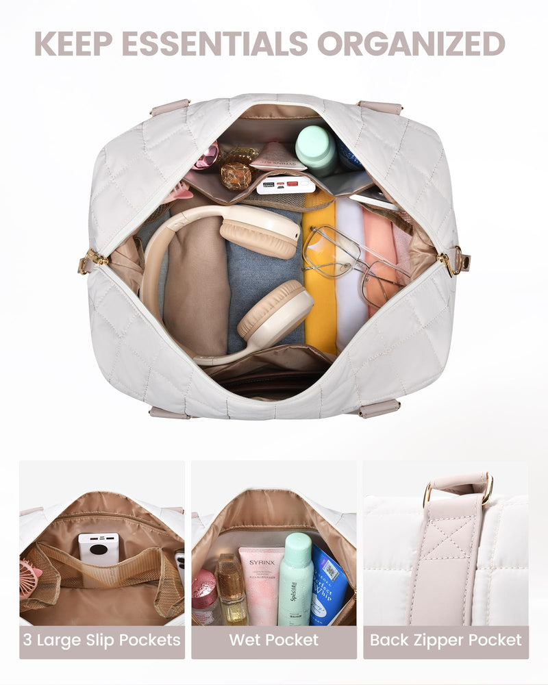 LOVEVOOK Travel Duffle Bag with Shoe Compartments - Carry on Overnight Bag & Weekender Bags for Women, Yoga Gym Bag with Wet Pocket, 2Pcs Set White/Nude X-Large
