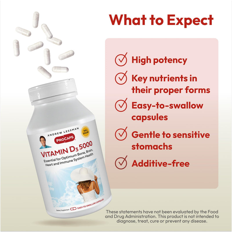 ANDREW LESSMAN ProCaps Vitamin D3 5,000 IU, 360 Capsules | Cholecalciferol with Calcium & Magnesium to support calcium absorption. Small, easy-to-swallow capsules. 360 Count (Pack of 1) 5000 IU
