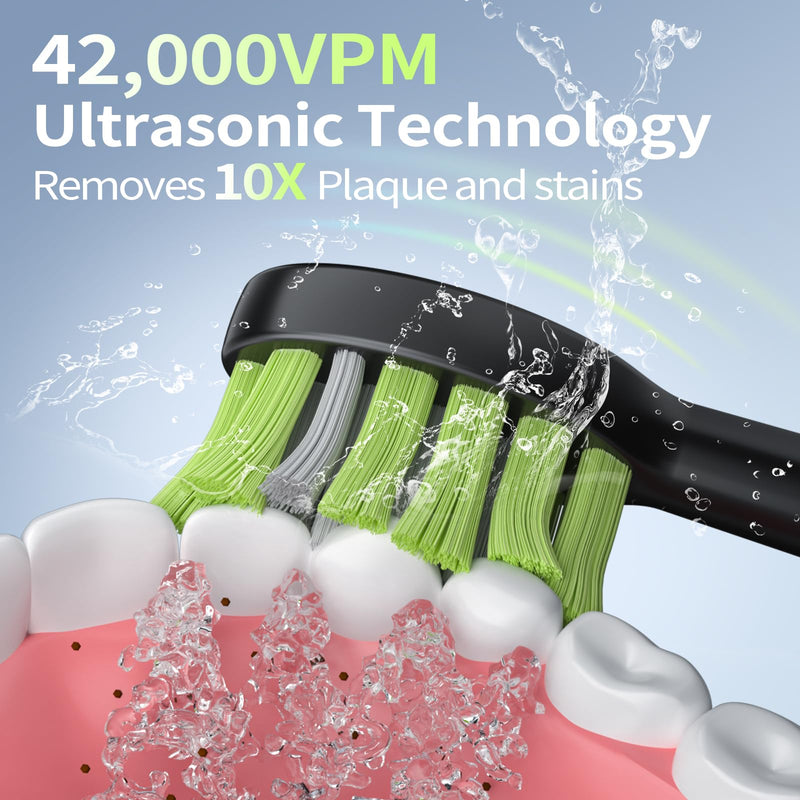 Sonic Electric Toothbrush for Adults: Deep Cleaning for Travel & Sensitive Teeth – Rechargeable Toothbrush with 6 Brush Heads, 42000 VPM, 5 Modes, 100 Days Battery Life for for Home Family Black