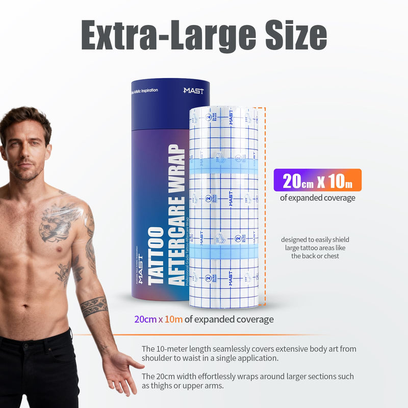 Mast Tattoo Cover Ultra Large Roll - Thin 8" x 33 Yard Waterproof Transparent Film for Tattoo Aftercare Initial Healing & Skin Protection Breathable Adhesive Bandage Wrap