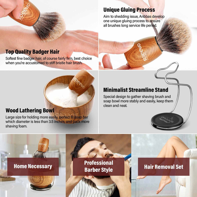 [Australia] - Anbbas Badger Hair Shaving Brush with Wood Handle,Large Soap Bowl,Stainless Steel Shaving Stand and 3.5 oz Natural Shaving Soap Puck Refill for Men Brown-Upgrade 