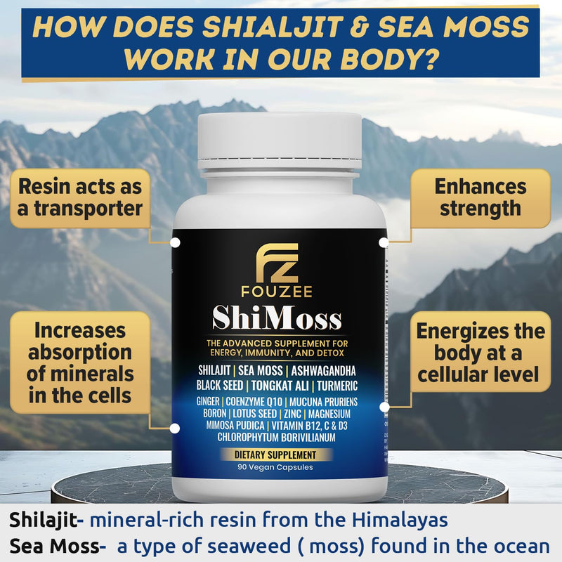 ShiMoss Supplement w/Shilajit 1000mg, Sea Moss 7000mg, Ashwagandha 9000mg, Tongkat Ali 90000 mg, Vitamin C, B12, Boron, Turmeric, Ginger - Immunity Dietary Capsule for Men & Women - 90 Count