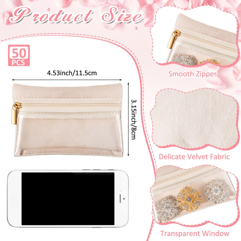 Uiifan Travel Jewelry Organizer Flannel Jewelry Bags Portable Jewelry Pouch with Zipper Pockets for Women Girl Gift 50 Beige and Clear