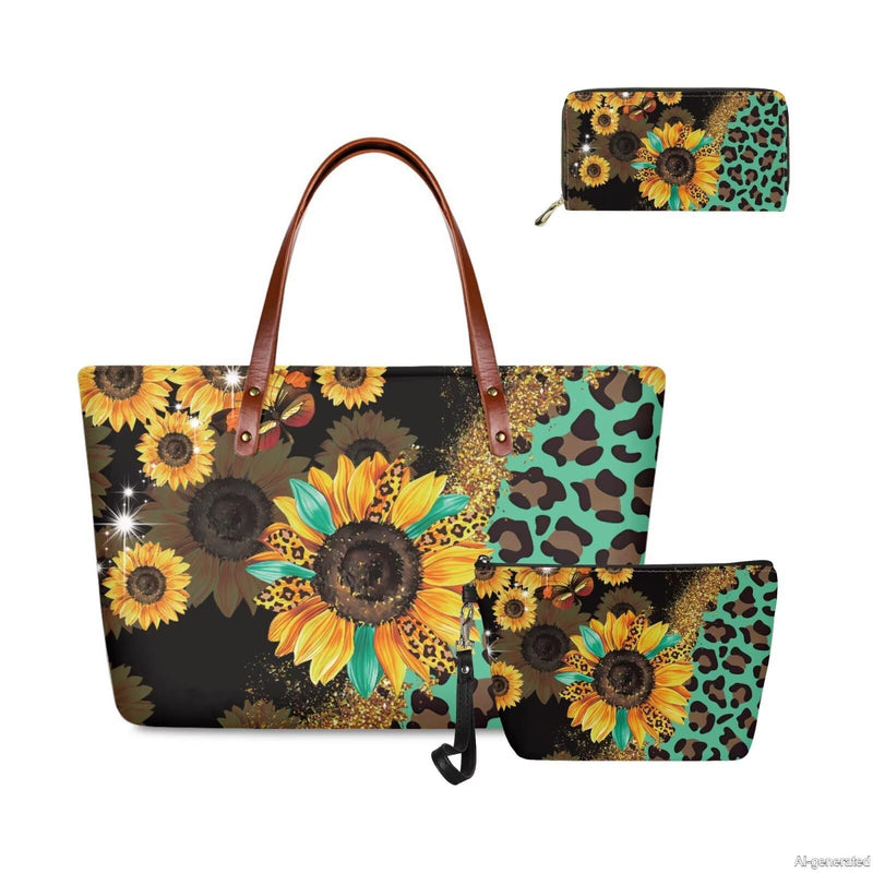 GIFTPUZZ Women Top Handle Bags Handbags with Zipper Leather Wallet Cash Card Phone Holder and Makeup Bag Set 3pcs Sunflower Leopard Print