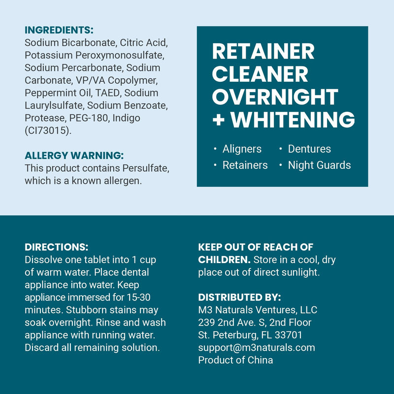 Overnight + Whitening Retainer Cleaner Tablets, Mint, 4 Month Supply by M3 | Compatible with Retainer Cleaner Machine & Ultrasonic Retainer Cleaner, Helps Remove Tough Stains, Buildup, Odors & Plaque Overnight Whitening (120 Count)