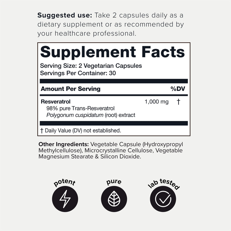 [Australia] - Ultra High Potency Third-Party Tested Trans Resveratrol 1000mg - 98% Pure, Highly Purified and Bioavailable - Resveratrol Polygonum Root Extract - 60 Capsules 