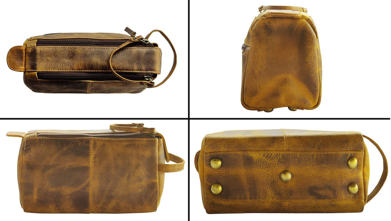 Rustic Town Leather Wash Bag for Men - Travel Toiletry Bag - Shaving Dopp Kit Toiletries Organizer - Leather Makeup Bag for Women | Main Compartment, Interior & Exterior Zip Pockets, YKK Zippers, Waterproof Lining; TSA Carry-On; Gifts for Him, Brown