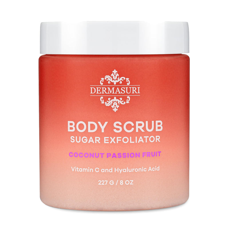Dermasuri Exfoliating Sugar Body Scrub, Hyaluronic Acid, Shea Butter, 227g | Vitamin C Body Scrub For Women & Men, Hydrating Body Exfoliator Removes Dead, Dry Skin, Coconut Passion Fruit, All Skin Types