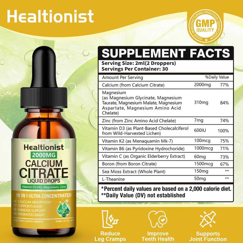 2 Packs 2000mg Calcium Citrate with Vitamin D3 K2 Supplements Liquid Drops for Women & Men, Magnesium, Zinc, High Absorption, Bone, Teeth, Muscle & Immune Support, 4 Fl oz 2 Fl Oz (Pack of 2)