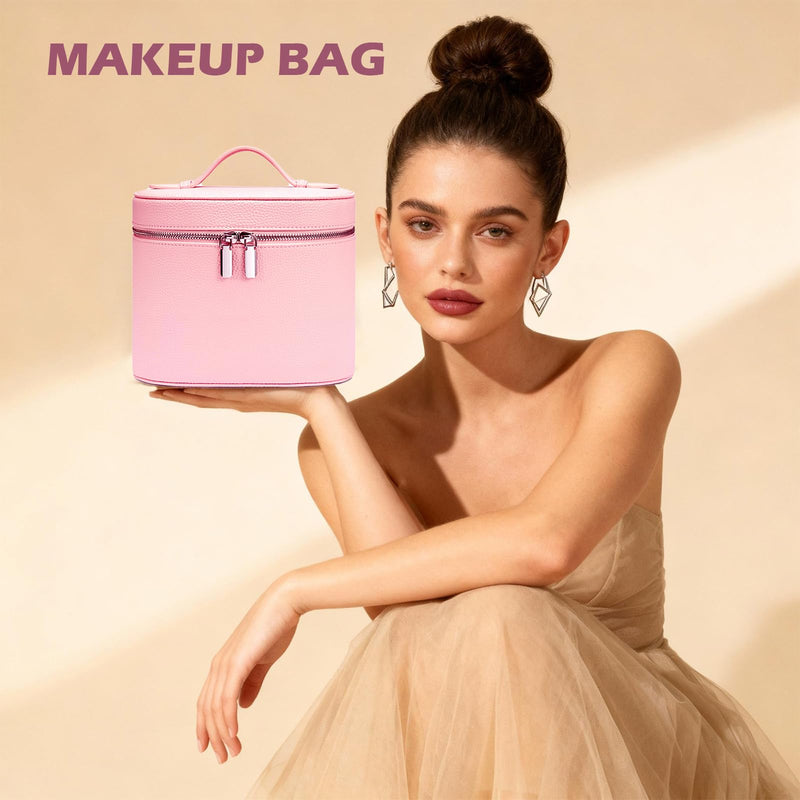 Makeup Case, Large Capacity Leather Makeup Bag with Removable Washable Compartment, Portable Waterproof Leather Cosmetic Case, Multi-functional Travel Organizer, Pink